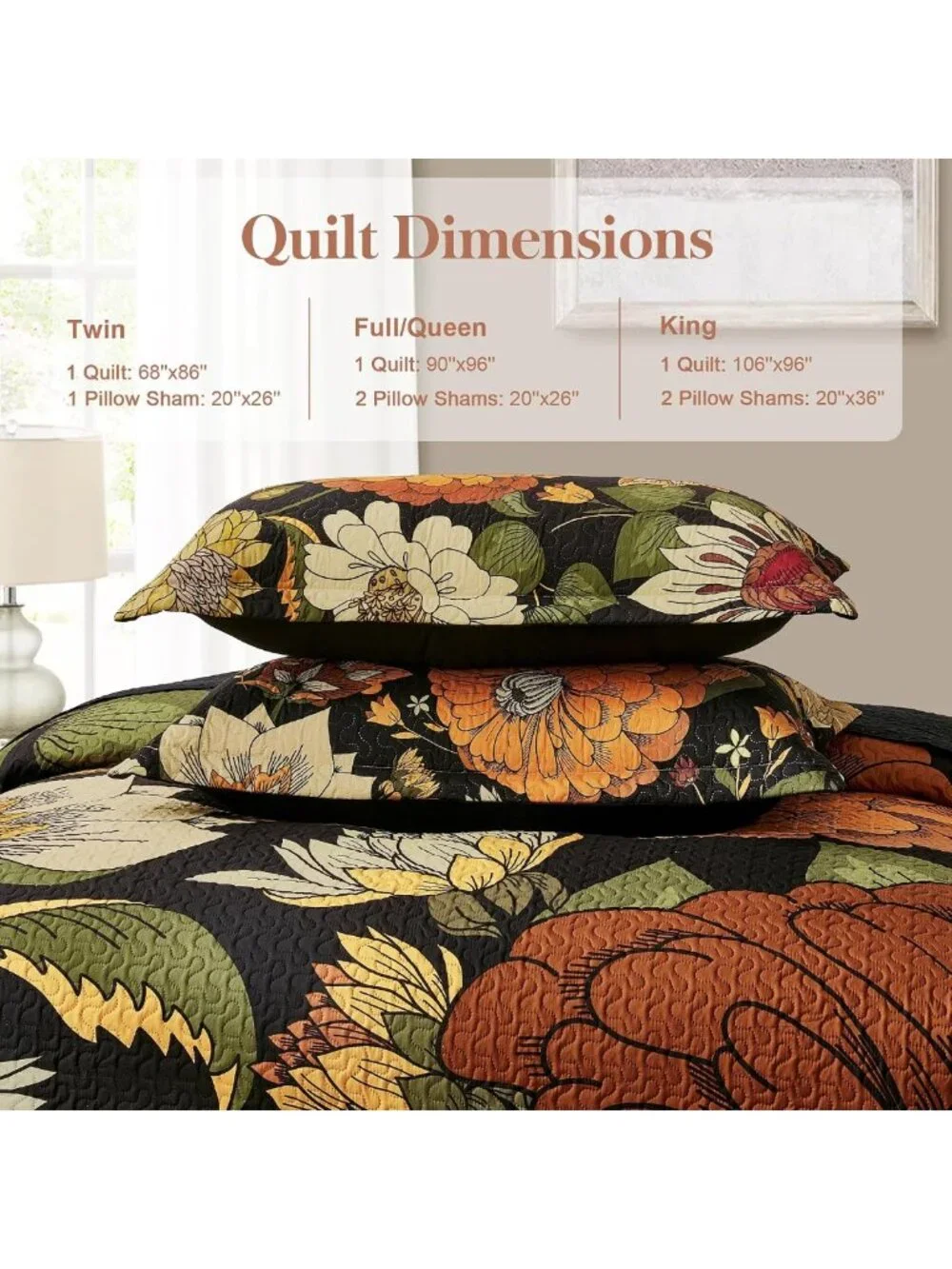 Boho Floral 3-Piece Black Quilt Bedding Set for Full/Queen Size - Cozy & Stylish